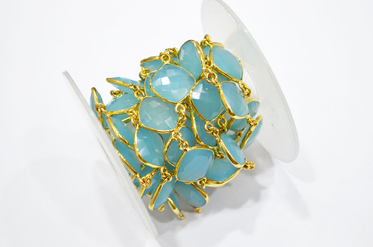 Blue Topaz Chalcedony Faceted Cushion Shape Connector Chain , 14 mm , RB-6364A