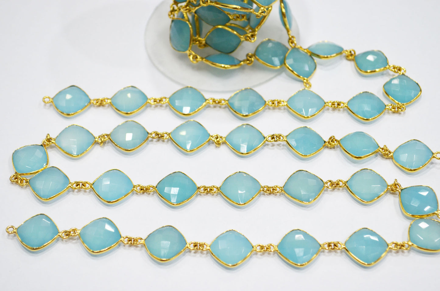 Blue Topaz Chalcedony Faceted Cushion Shape Connector Chain , 14 mm , RB-6364A