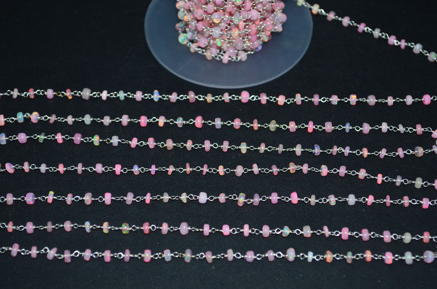 Pink Ethiopian Opal Smooth Rondelle Shape Rosary Beaded Chain , 4 - 4.50 mm , RB-6364
