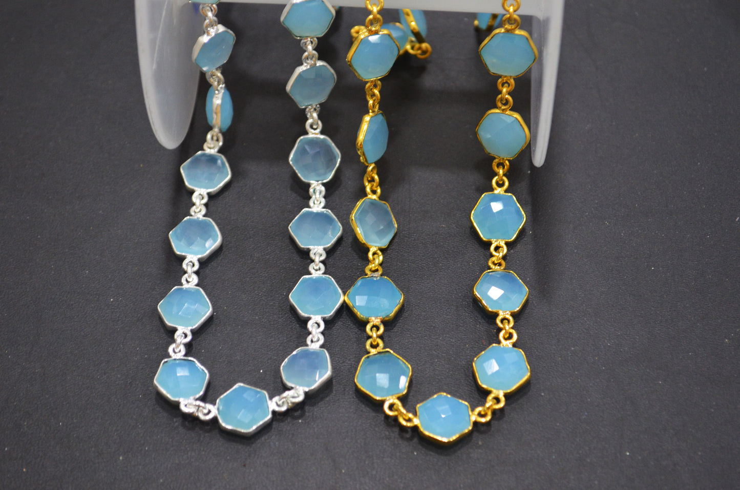 Blue Topaz Chalcedony Faceted Hexagon Shape Connector Chain , 10 mm , RB-6365