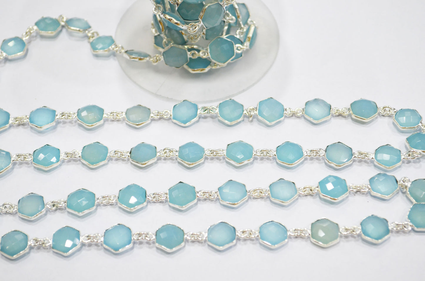 Blue Topaz Chalcedony Faceted Hexagon Shape Connector Chain , 10 mm , RB-6365