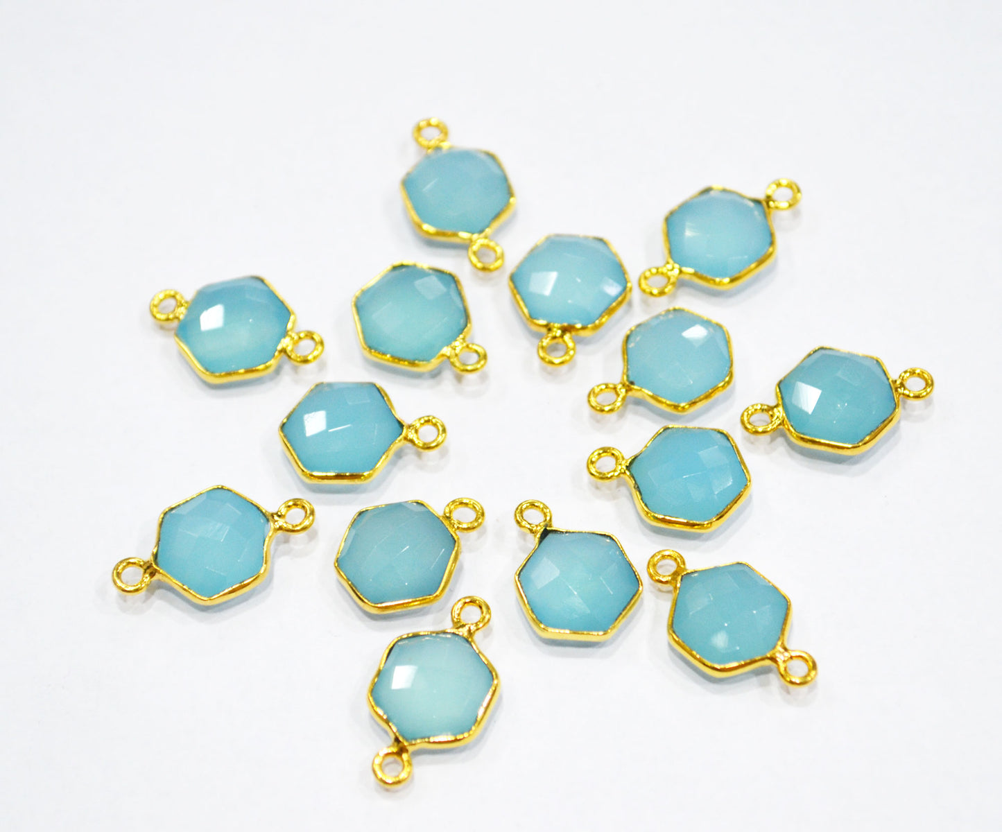 Blue Topaz Chalcedony Faceted Hexagon Shape Double Bail Connector , Blue Topaz Chalcedony Single Bail Connector , Sold By Piece , 10 mm , RB-6366