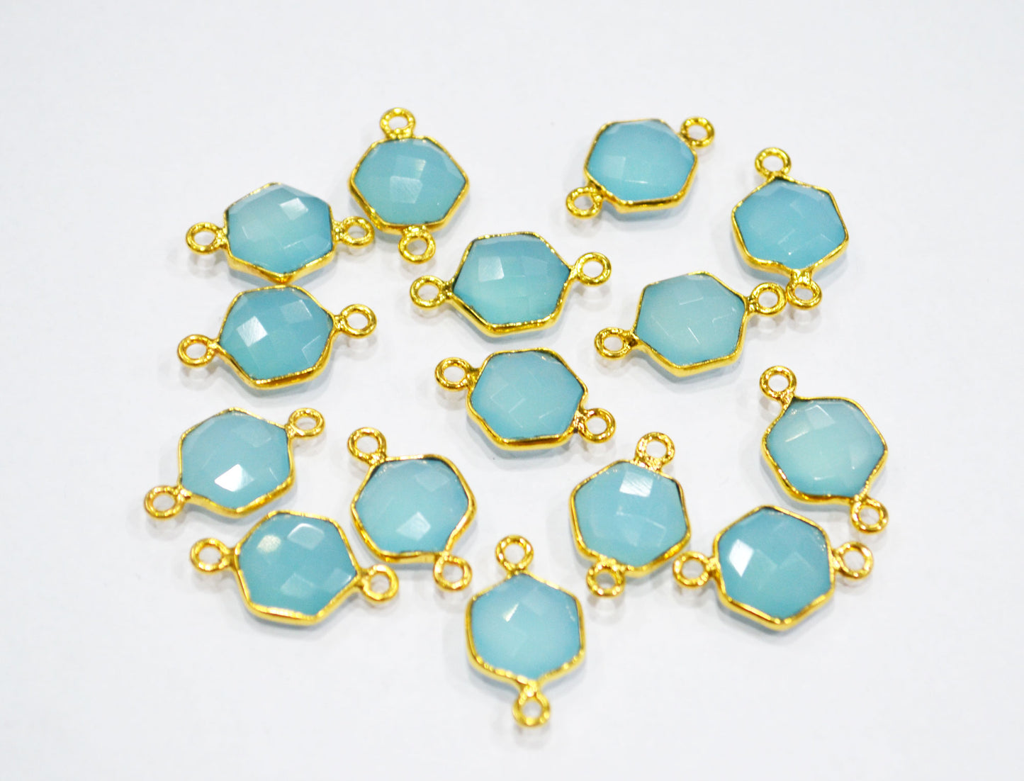 Blue Topaz Chalcedony Faceted Hexagon Shape Double Bail Connector , Blue Topaz Chalcedony Single Bail Connector , Sold By Piece , 10 mm , RB-6366
