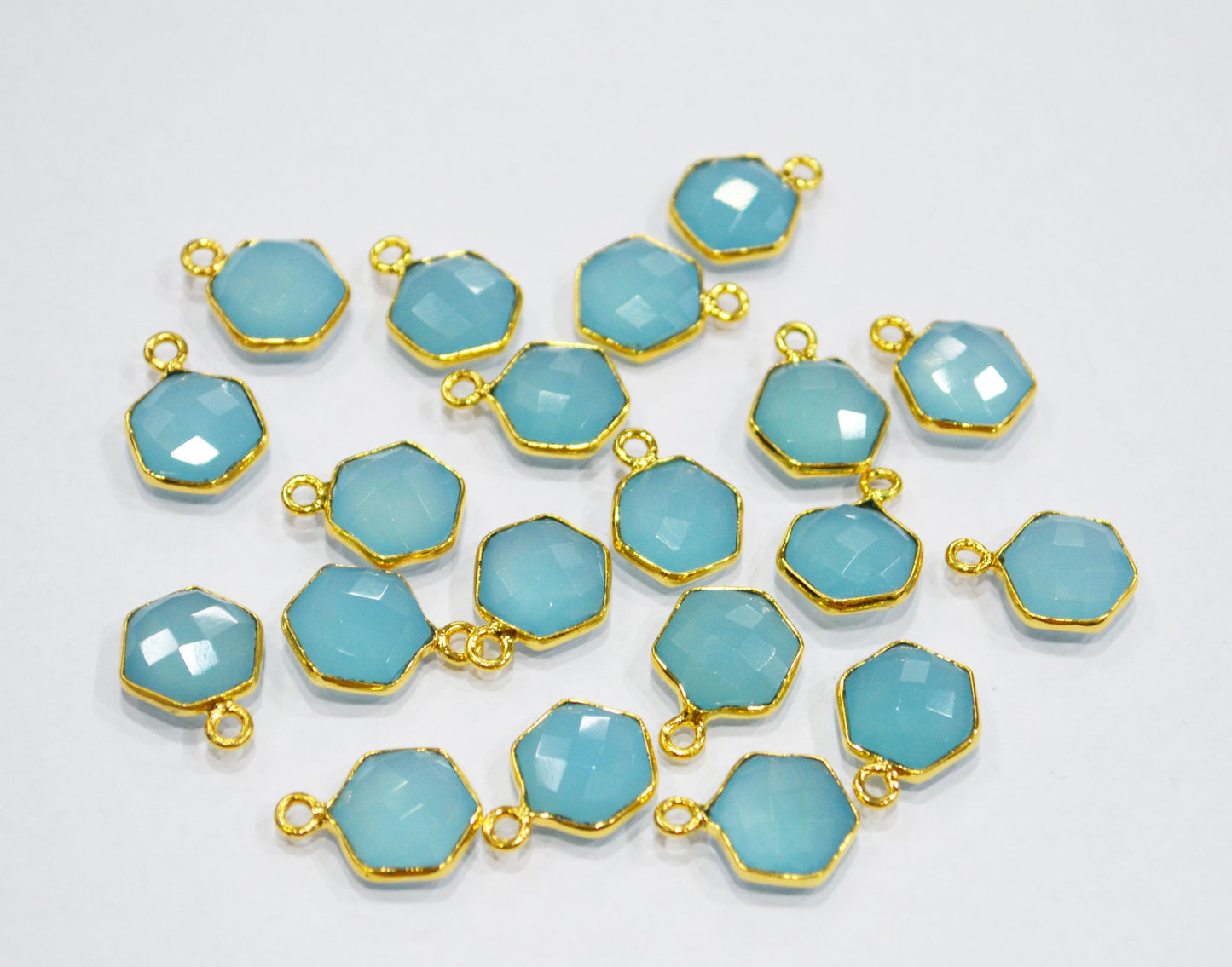 Blue Topaz Chalcedony Faceted Hexagon Shape Double Bail Connector , Blue Topaz Chalcedony Single Bail Connector , Sold By Piece , 10 mm , RB-6366