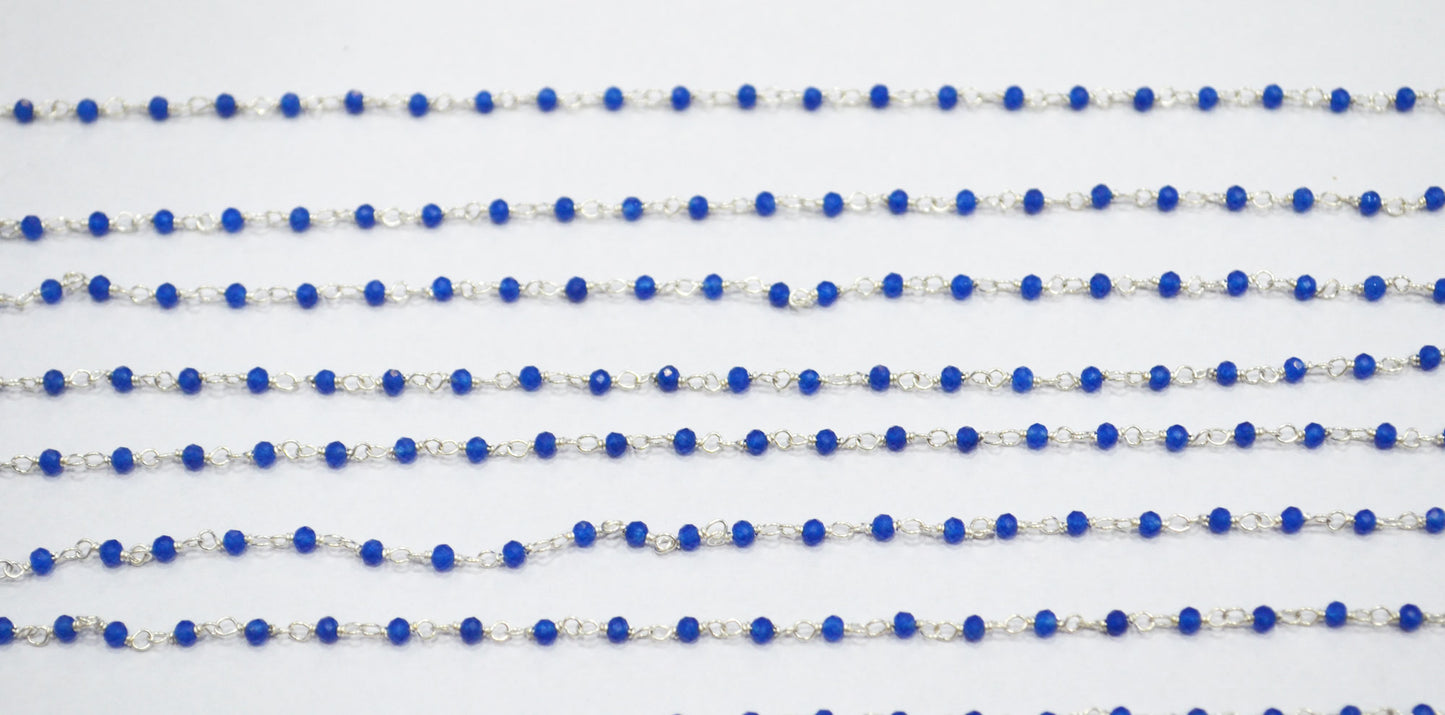 Sapphire Blue Jade Faceted Round Shape Rosary Beaded Chain , 2.50 mm , RB-6367