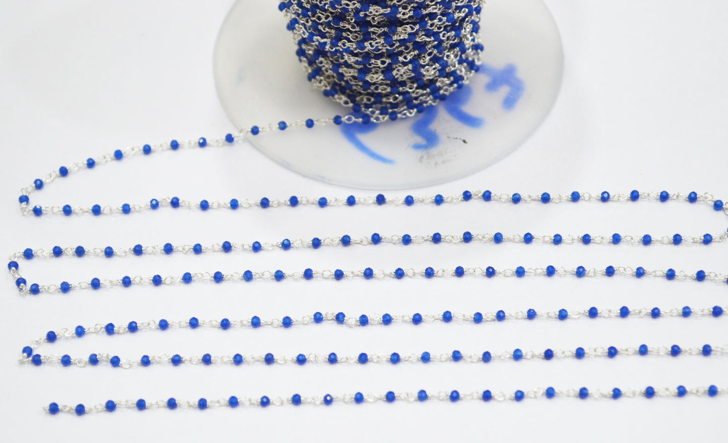 Sapphire Blue Jade Faceted Round Shape Rosary Beaded Chain , 2.50 mm , RB-6367