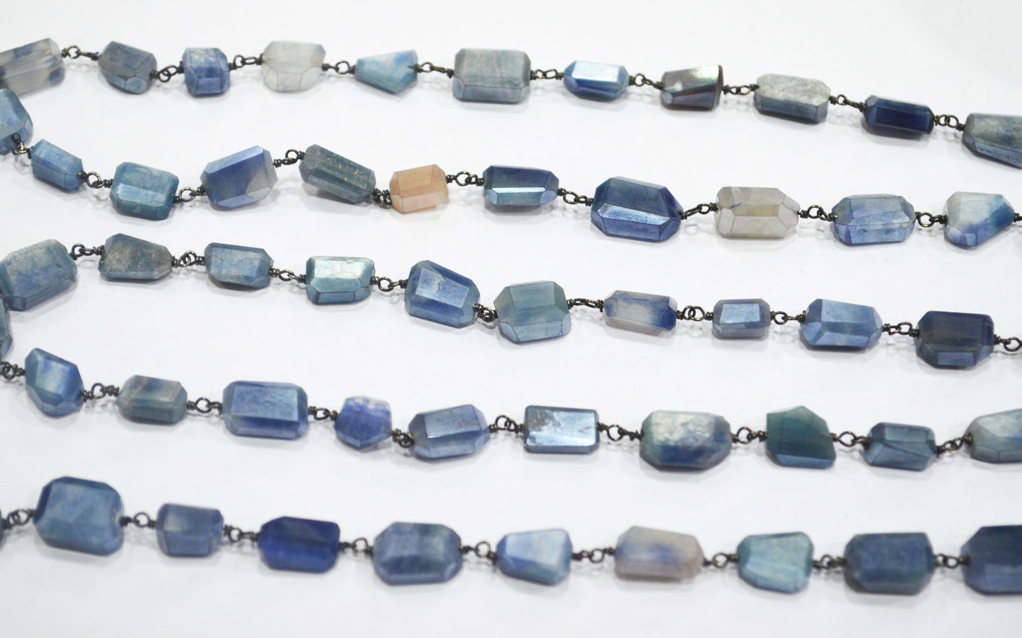Sapphire Colored Moonstone Laser Cut Nuggets Shape Rosary Beaded Chain , 5x10 - 10x13 mm , RB-6371