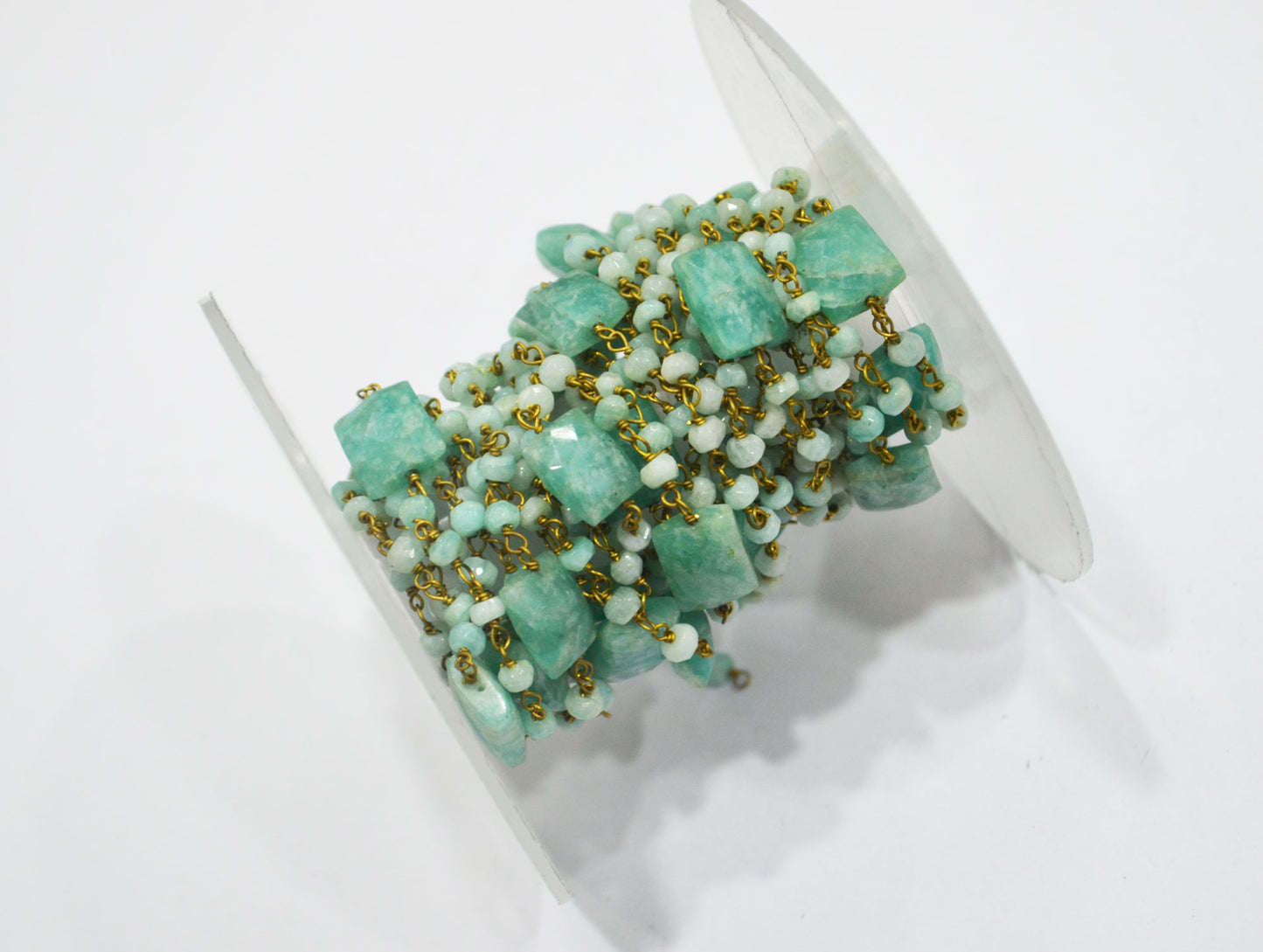 Amazonite Faceted Rondelle Rosary Beaded Chain , Amazonite Faceted Chicklet Shape Wire Wrapped Chain , 8x10 mm , RB-6372