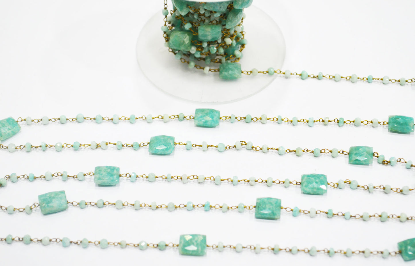 Amazonite Faceted Rondelle Rosary Beaded Chain , Amazonite Faceted Chicklet Shape Wire Wrapped Chain , 8x10 mm , RB-6372