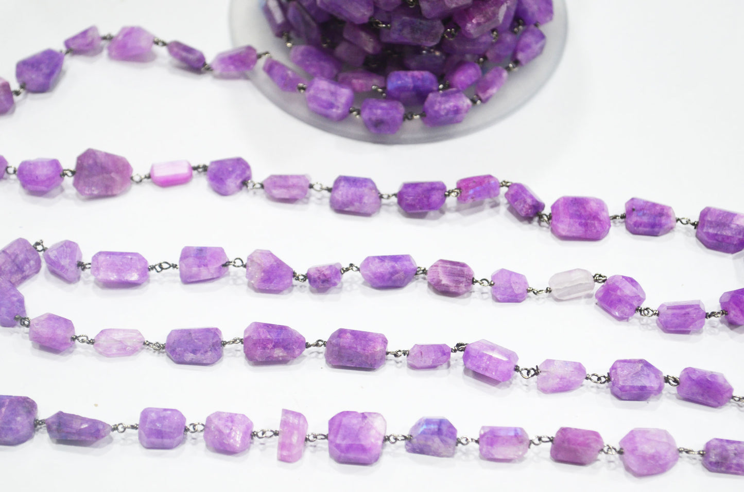 Lavender Rainbow Moonstone Laser Cut Nuggets Shape Rosary Beaded Chain , 6x10 - 8x13 mm , RB-6373