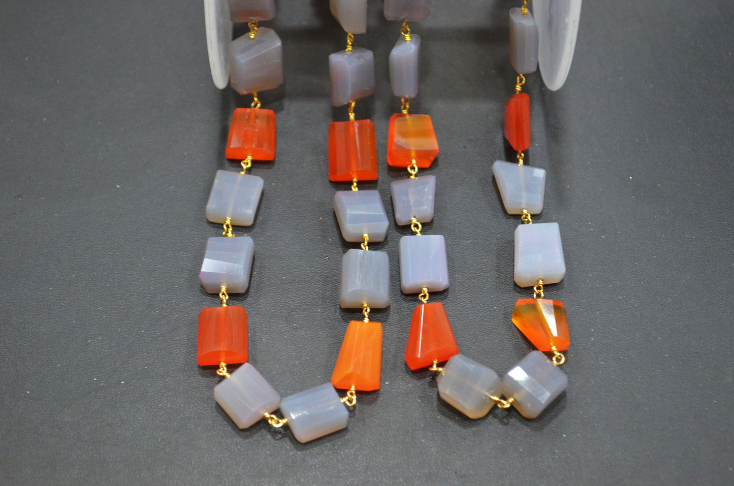 Gray Chalcedony Laser Cut Nuggets Rosary Beaded Chain , Carnelian Chalcedony Wire Wrapped Chain , 9x10 - 11x14 mm , RB-6374