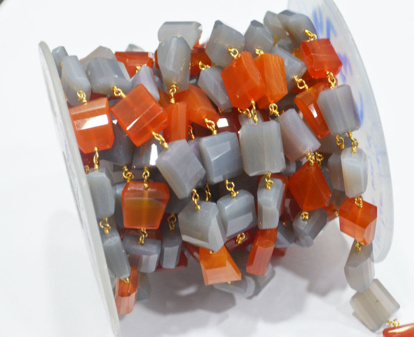 Gray Chalcedony Laser Cut Nuggets Rosary Beaded Chain , Carnelian Chalcedony Wire Wrapped Chain , 9x10 - 11x14 mm , RB-6374