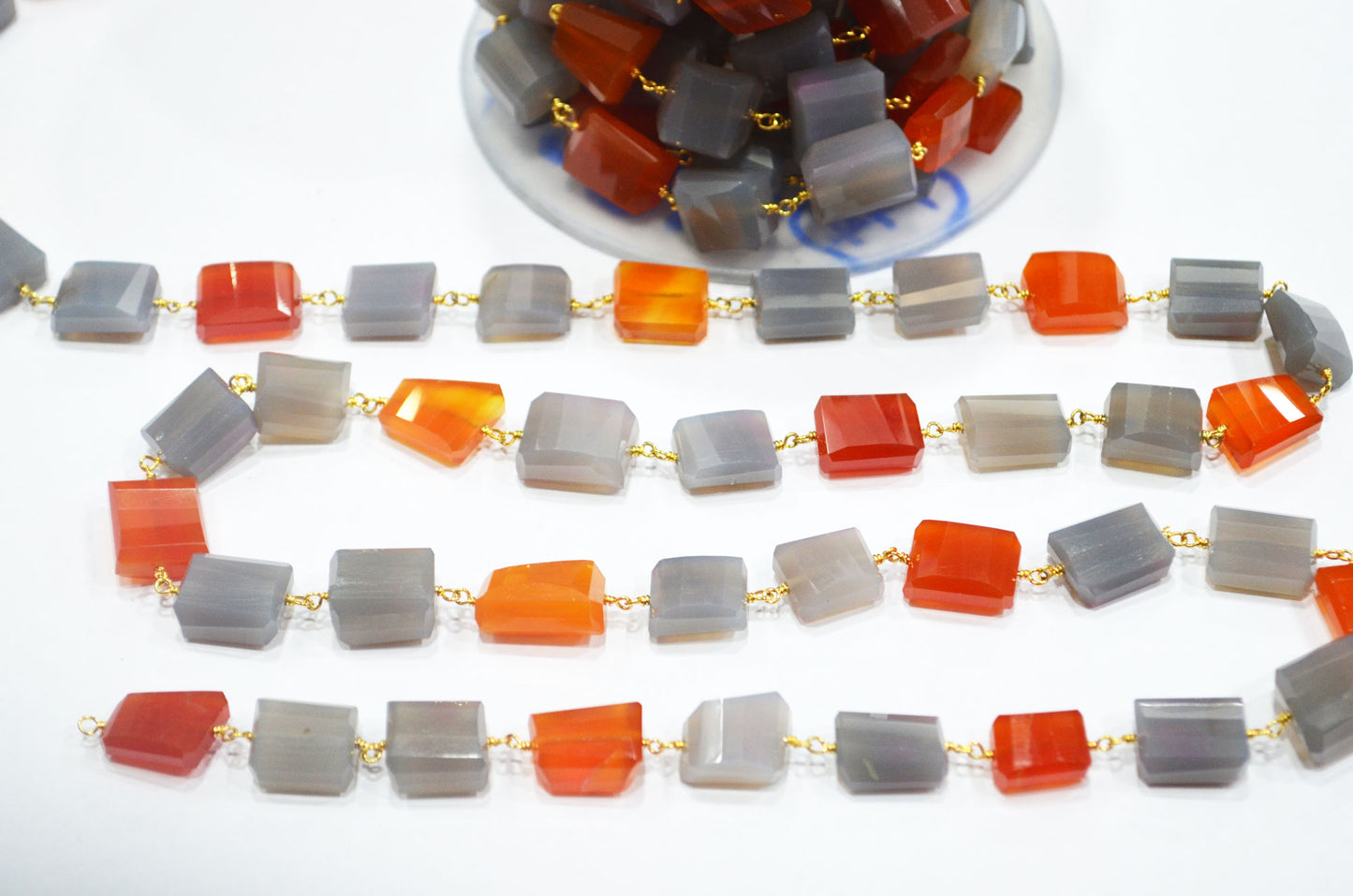 Gray Chalcedony Laser Cut Nuggets Rosary Beaded Chain , Carnelian Chalcedony Wire Wrapped Chain , 9x10 - 11x14 mm , RB-6374
