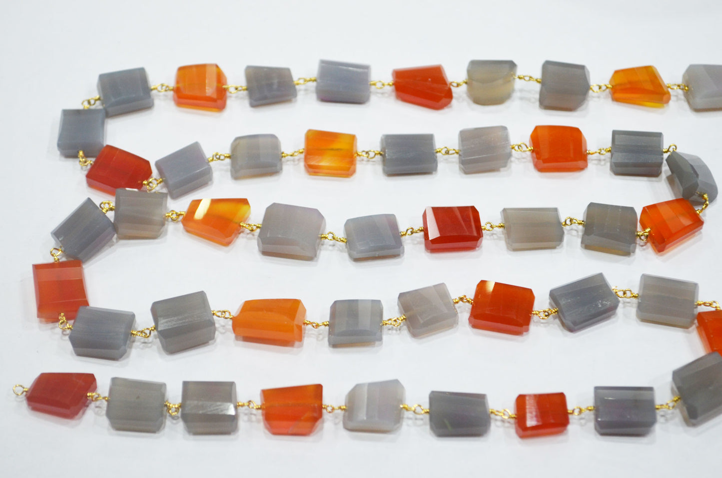 Gray Chalcedony Laser Cut Nuggets Rosary Beaded Chain , Carnelian Chalcedony Wire Wrapped Chain , 9x10 - 11x14 mm , RB-6374