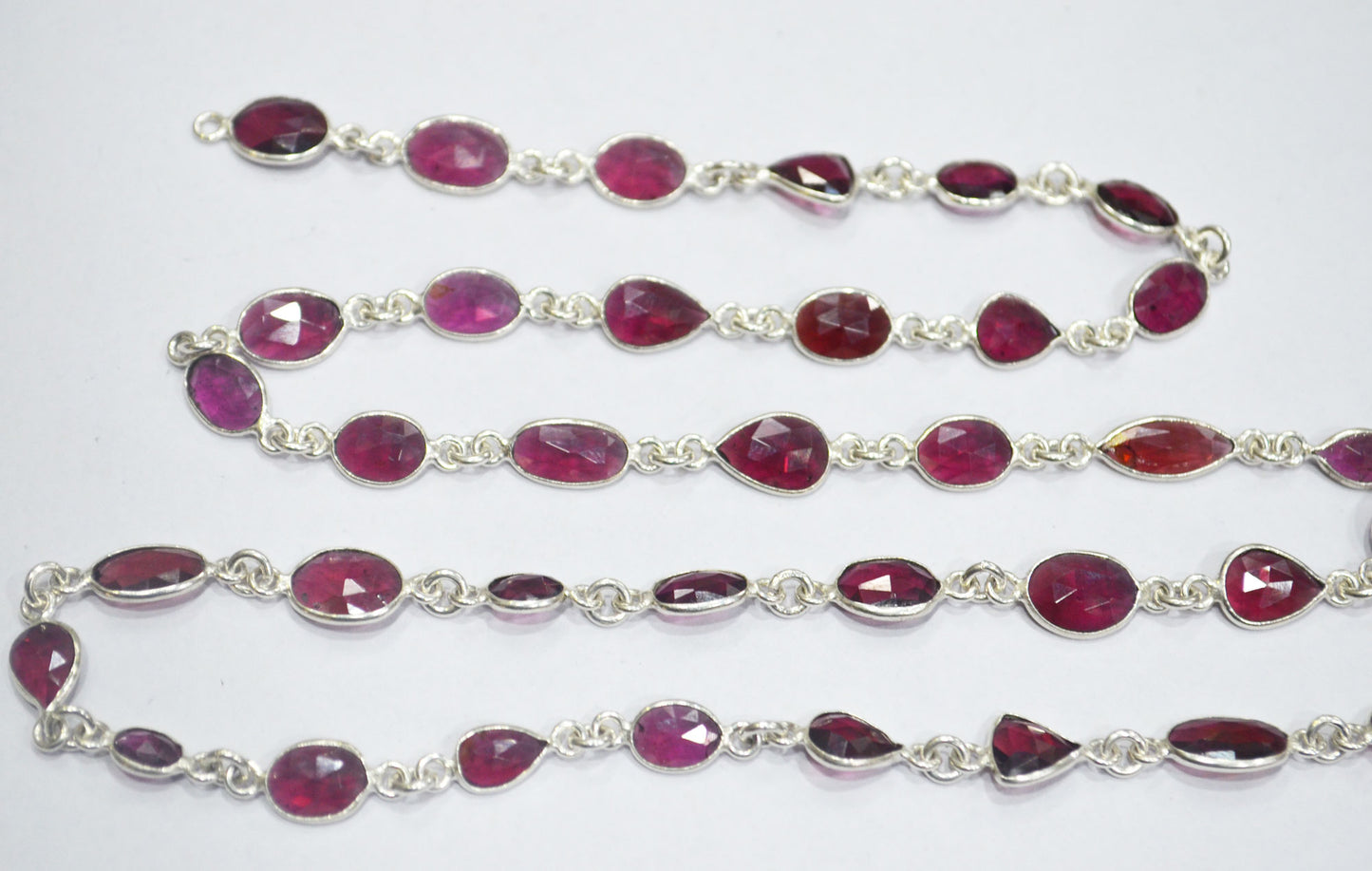 Natural Rhodolite Rose Cut Mix Shape Connector Chain , Natural Rhodolite One Side Flat Bezel Link Chain , 7 - 10 mm , RB-6375