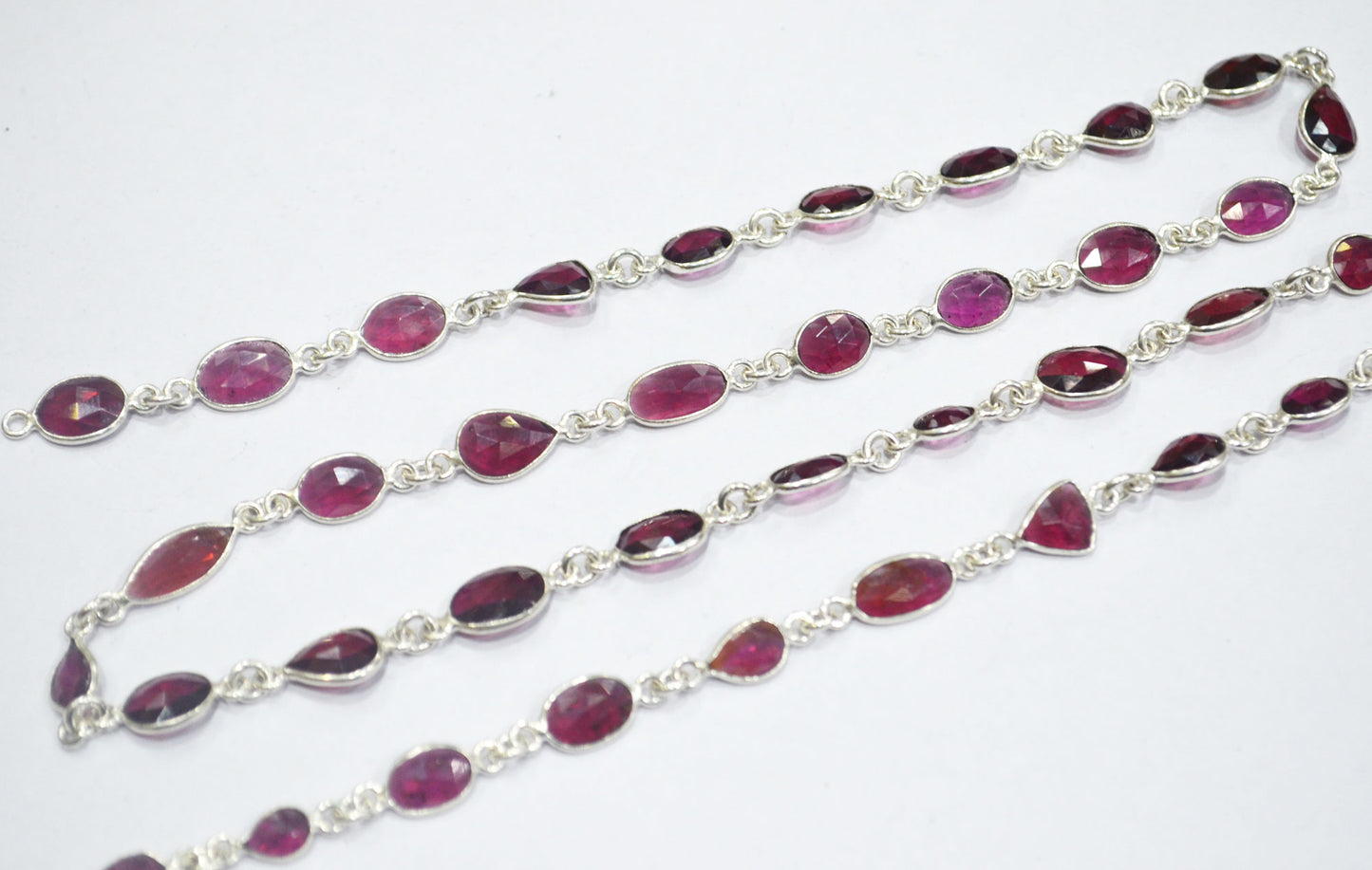 Natural Rhodolite Rose Cut Mix Shape Connector Chain , Natural Rhodolite One Side Flat Bezel Link Chain , 7 - 10 mm , RB-6375