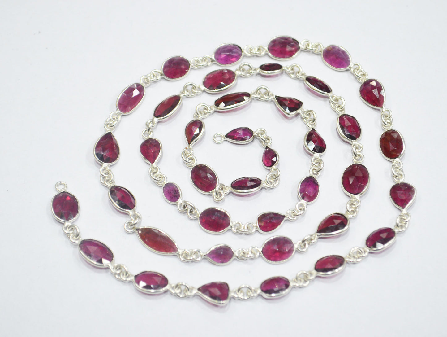 Natural Rhodolite Rose Cut Mix Shape Connector Chain , Natural Rhodolite One Side Flat Bezel Link Chain , 7 - 10 mm , RB-6375