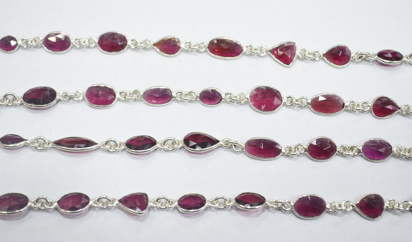 Natural Rhodolite Rose Cut Mix Shape Connector Chain , Natural Rhodolite One Side Flat Bezel Link Chain , 7 - 10 mm , RB-6375