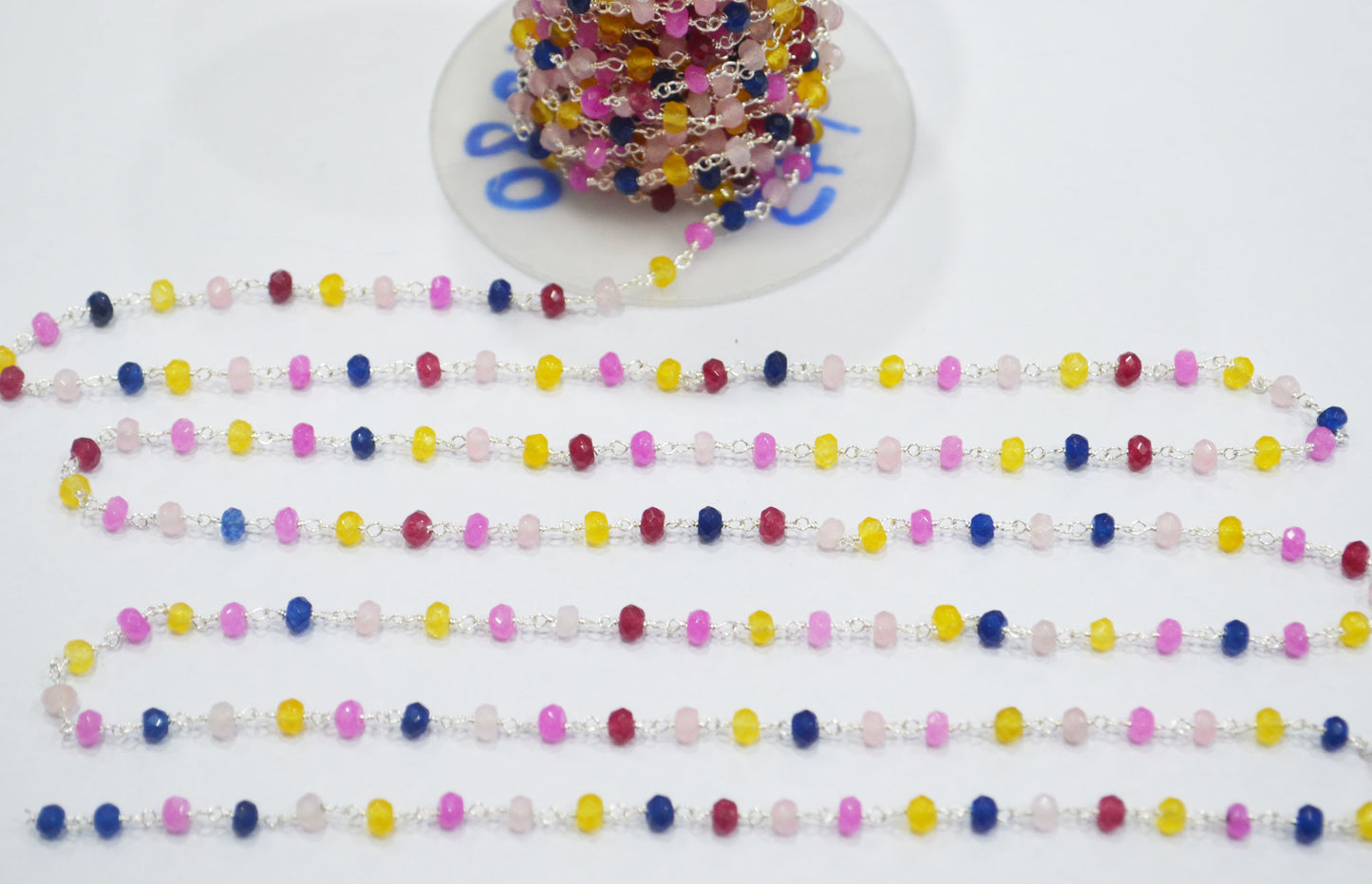 Natural Multi Color Jade Faceted Rondelle Shape Rosary Beaded Chain , 4 mm , RB-6380
