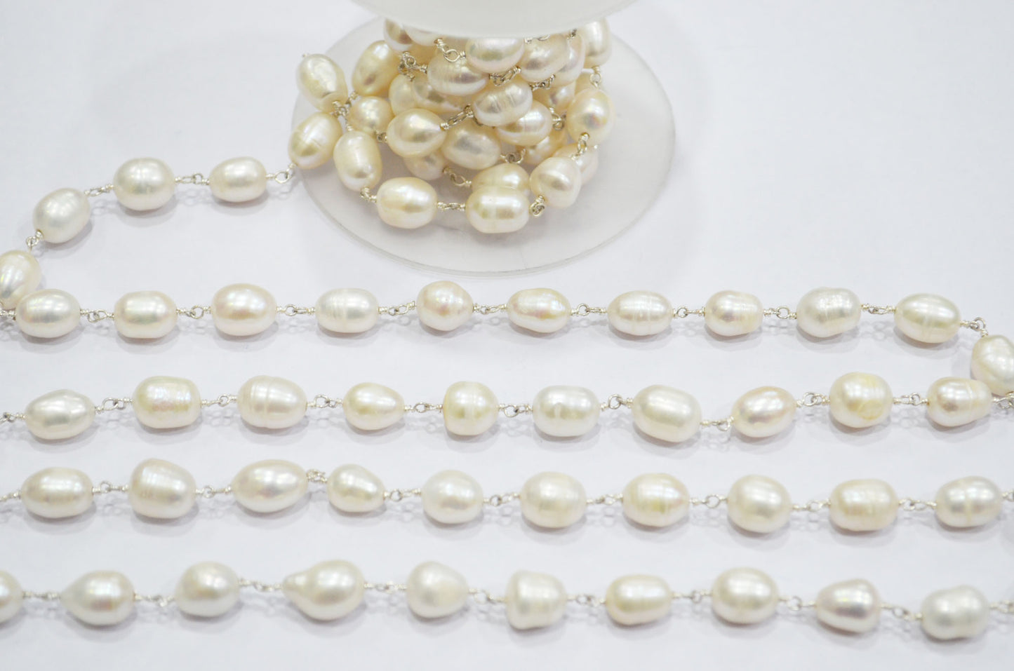 Natural Organic Easter Pearl Smooth Egg Shape Rosary Beaded Chain , 7.5x10 - 8x12 mm , RB-6381