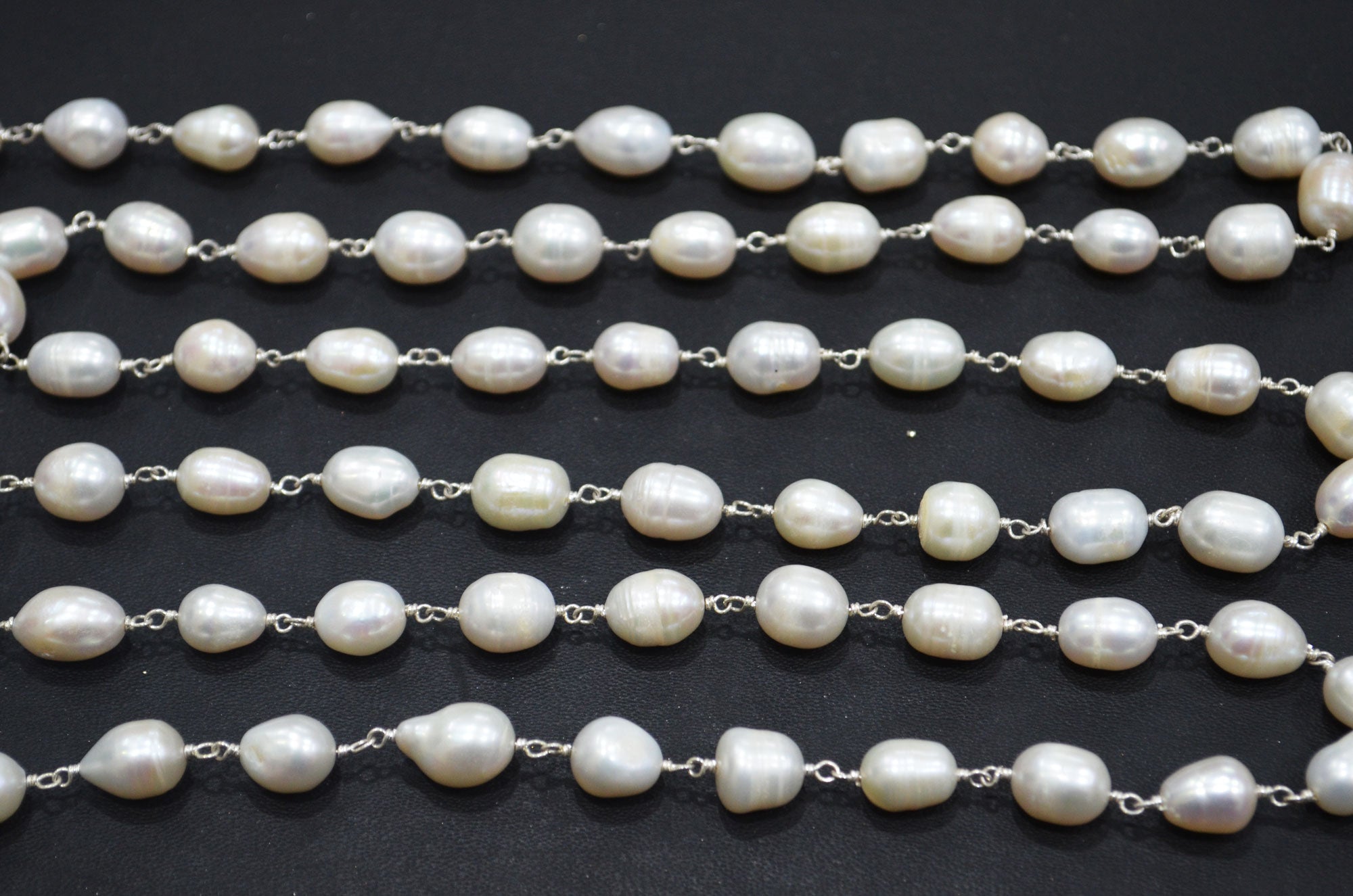 Natural Organic Easter Pearl Smooth Egg Shape Rosary Beaded Chain , 7.5x10 - 8x12 mm , RB-6381