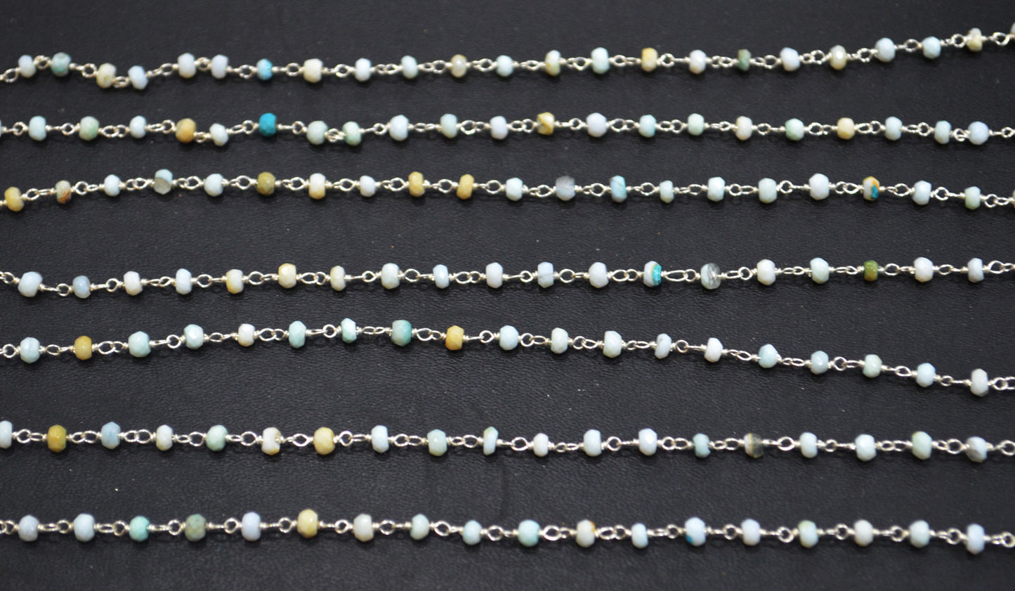Blue Boulder Fossil Opal Faceted Rondelle Shape Rosary Beaded Chain , 3 - 3.50 mm , RB-6384
