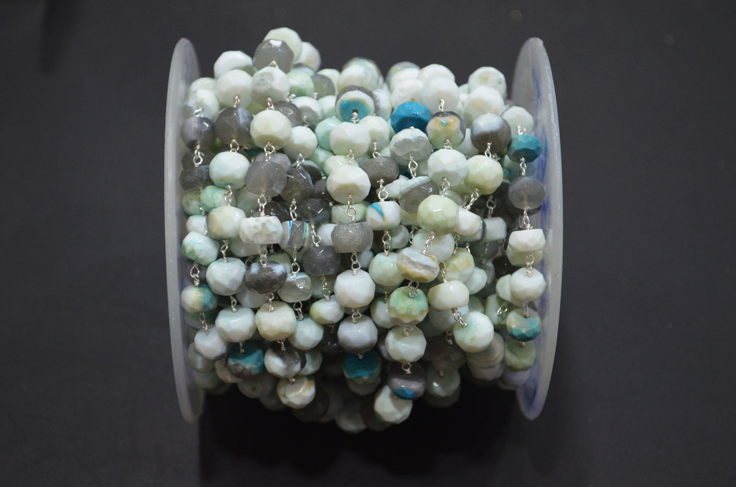 Blue Boulder Fossil Opal Faceted Rondelle Shape Rosary Beaded Chain , 8 - 9 mm , RB-6385