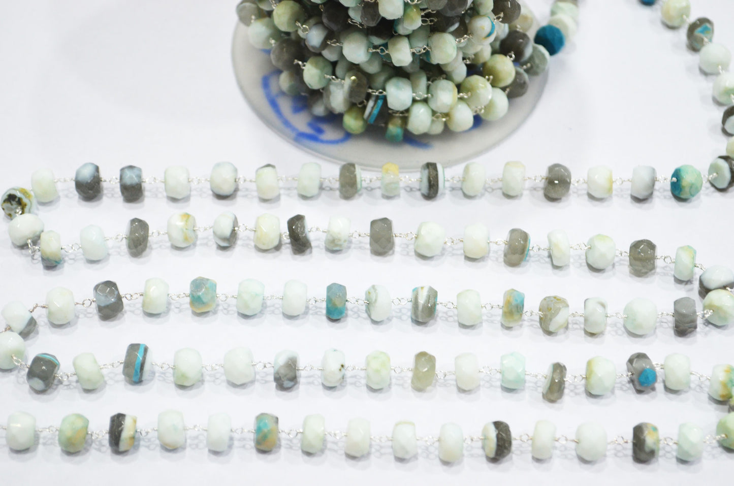 Blue Boulder Fossil Opal Faceted Rondelle Shape Rosary Beaded Chain , 8 - 9 mm , RB-6385