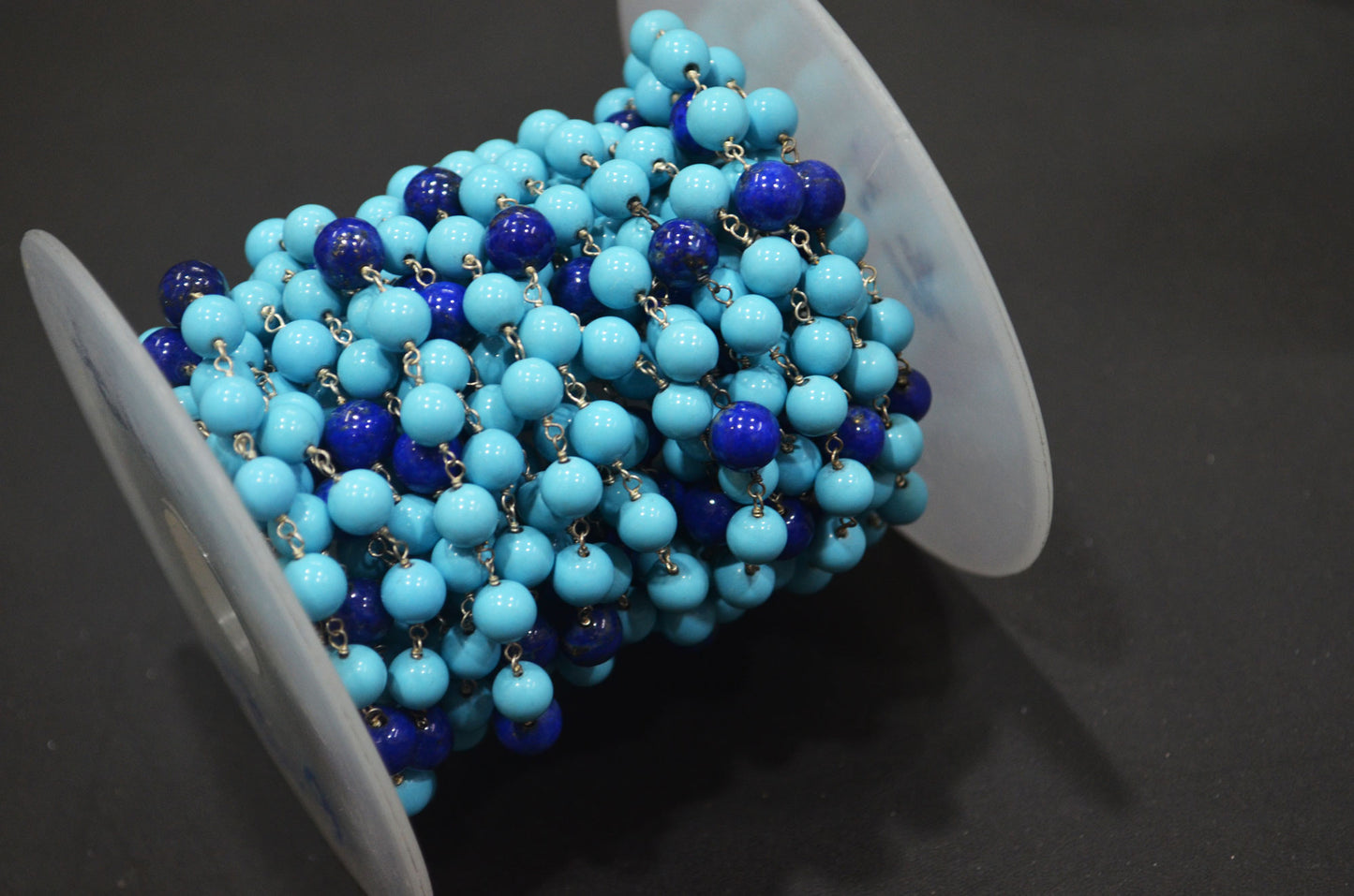 Synthetic Turquoise Smooth Round Shape Rosary Beaded Chain , Lapis Lazuli Round Shape Wire Wrapped Chain , 7 mm , RB-6395