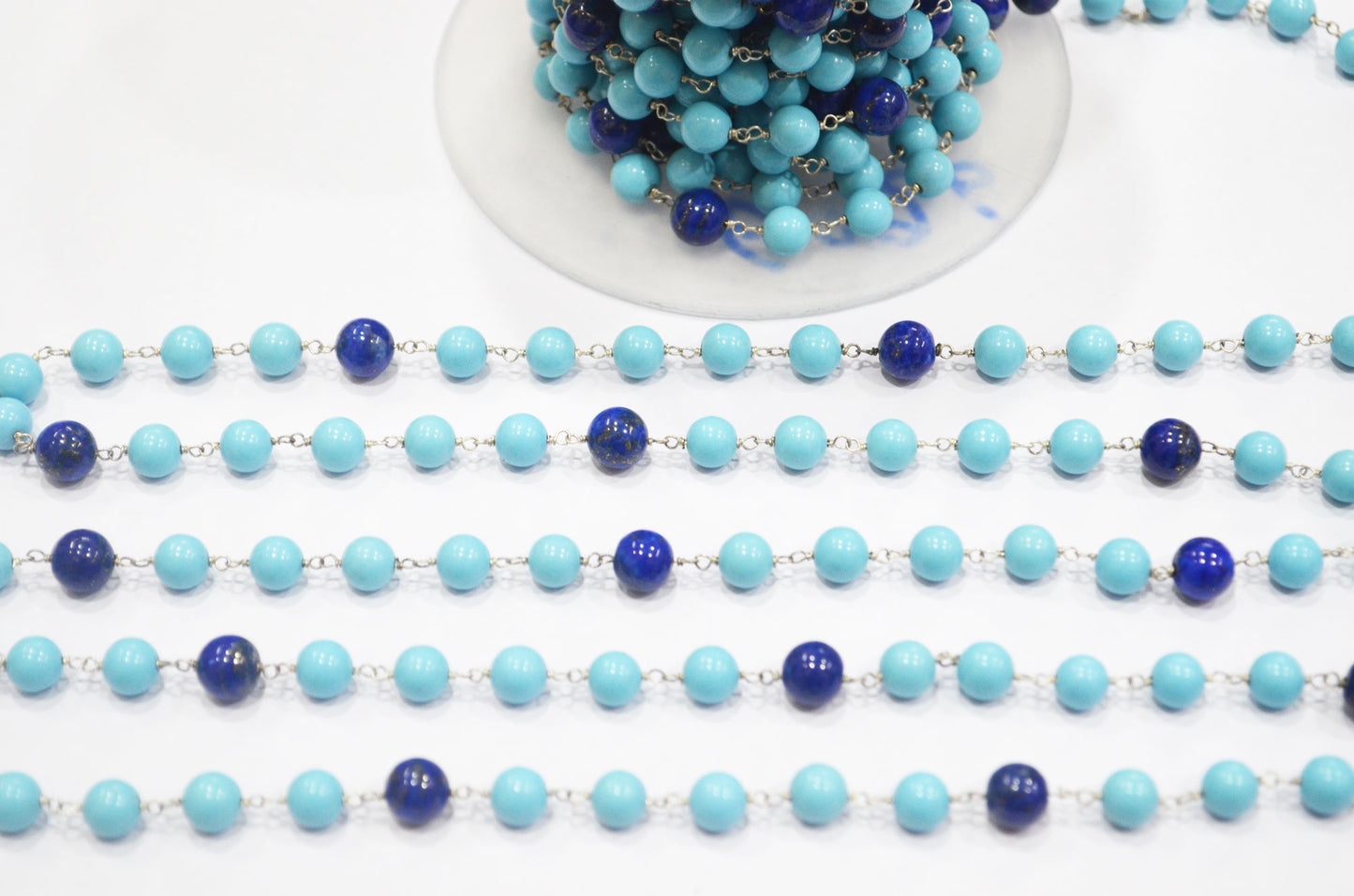 Synthetic Turquoise Smooth Round Shape Rosary Beaded Chain , Lapis Lazuli Round Shape Wire Wrapped Chain , 7 mm , RB-6395