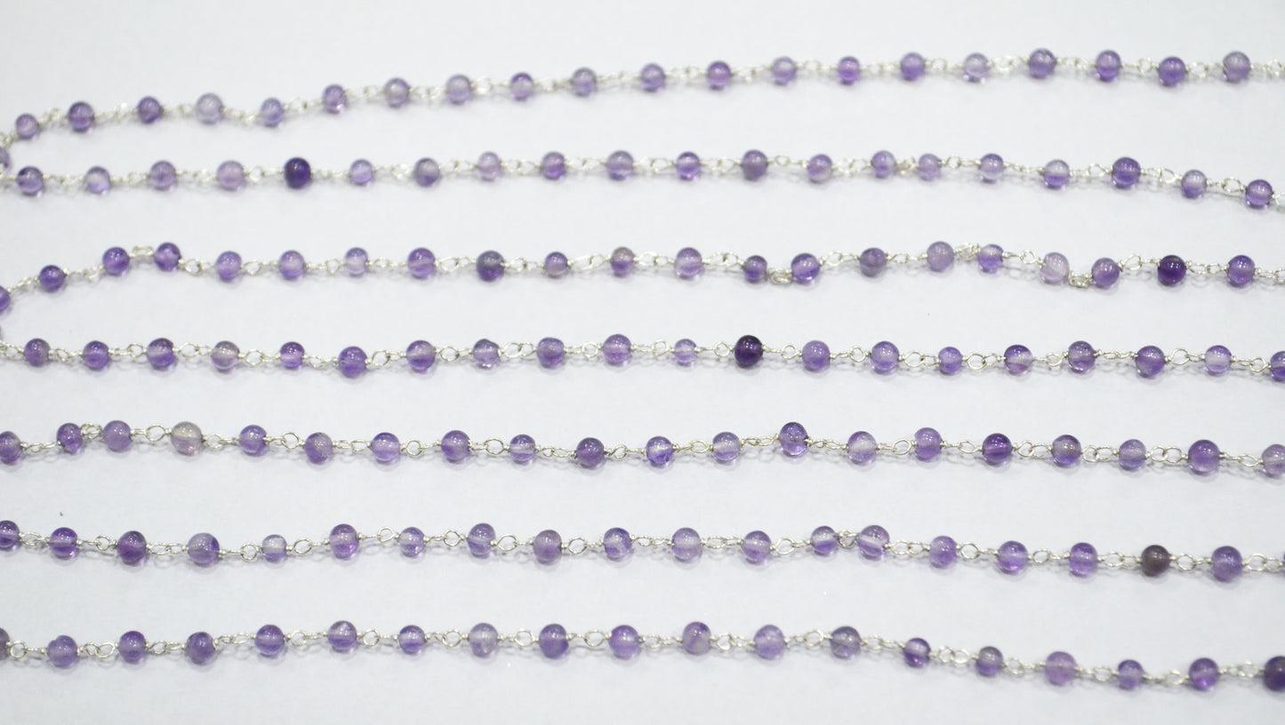 Pink Amethyst Smooth Round Shape Rosary Beaded Chain , 3 - 3.50 mm , RB-6400