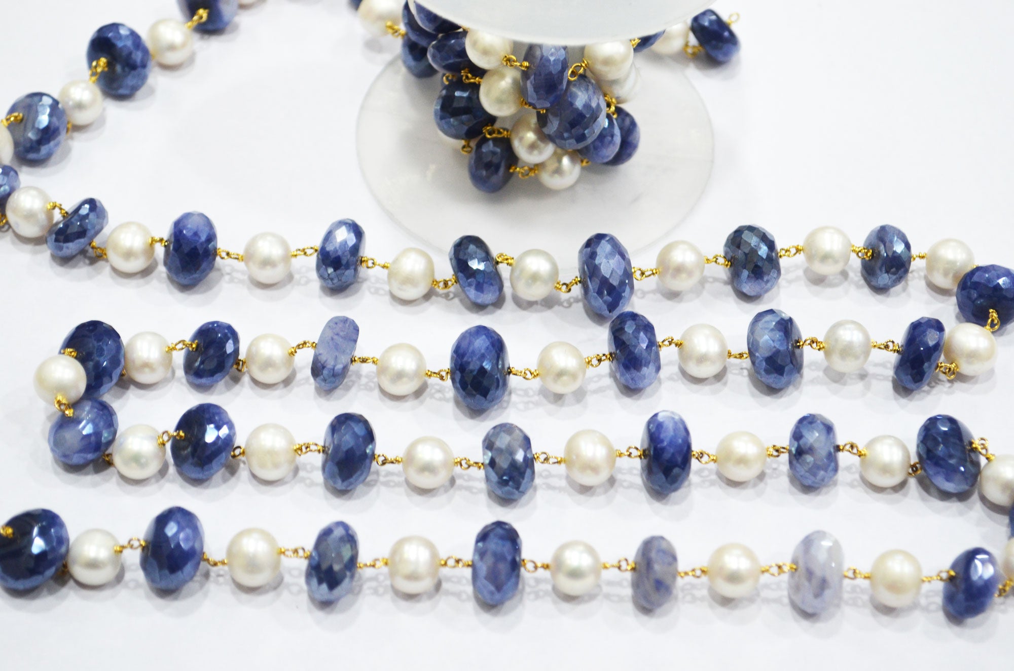 Mystic Sapphire Moonstone Faceted Rondelle Shape Rosary Beaded Chain , 10 - 11 mm , RB-6406