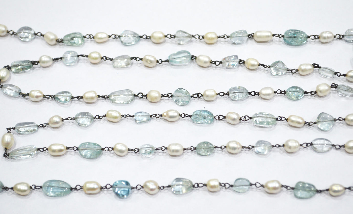 Natural Aquamarine Smooth Uneven Nuggets Shape Rosary Beaded Chain , 5 - 8 mm , RB-6407