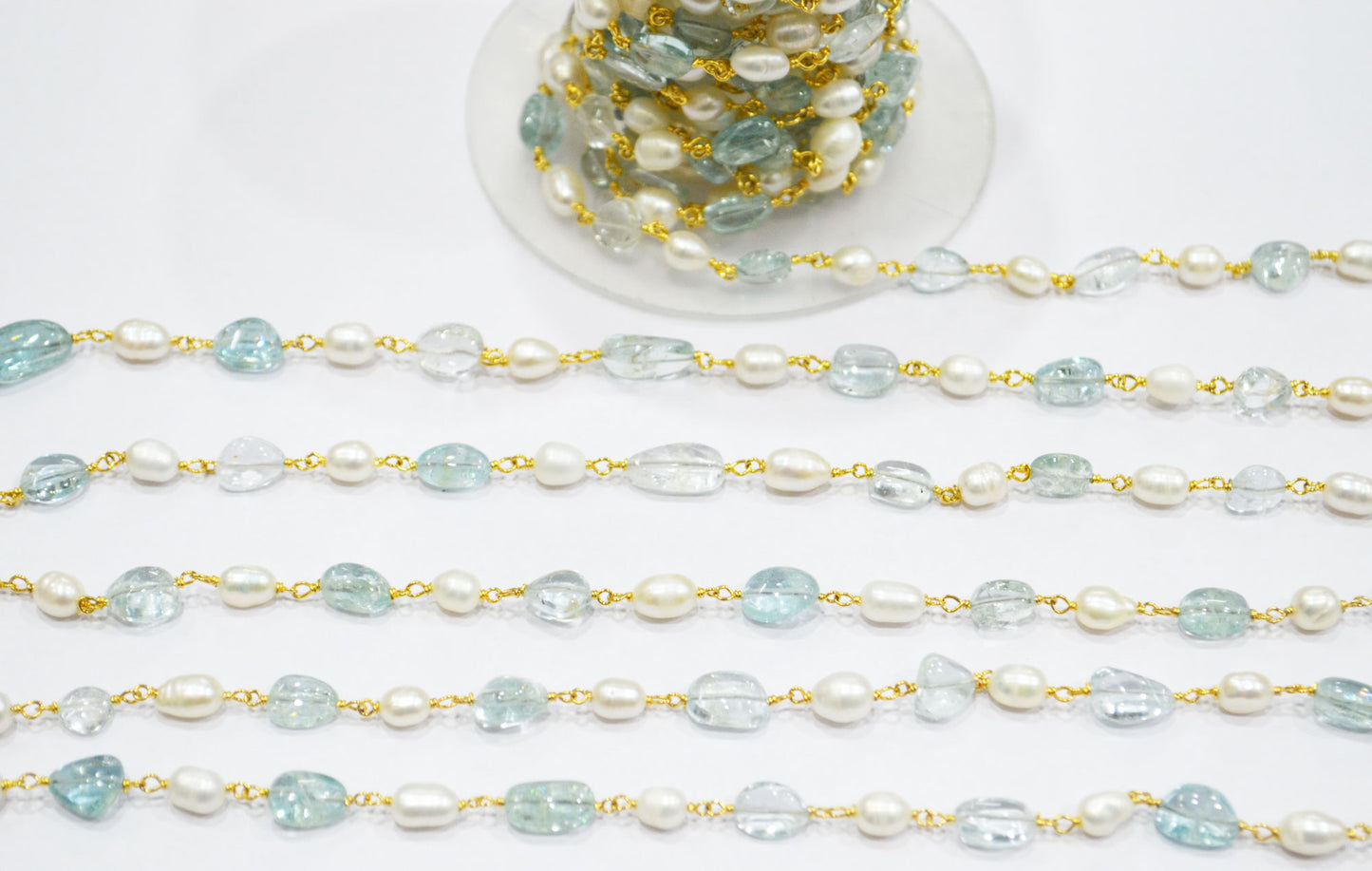 Natural Aquamarine Smooth Uneven Nuggets Shape Rosary Beaded Chain , 5 - 8 mm , RB-6407