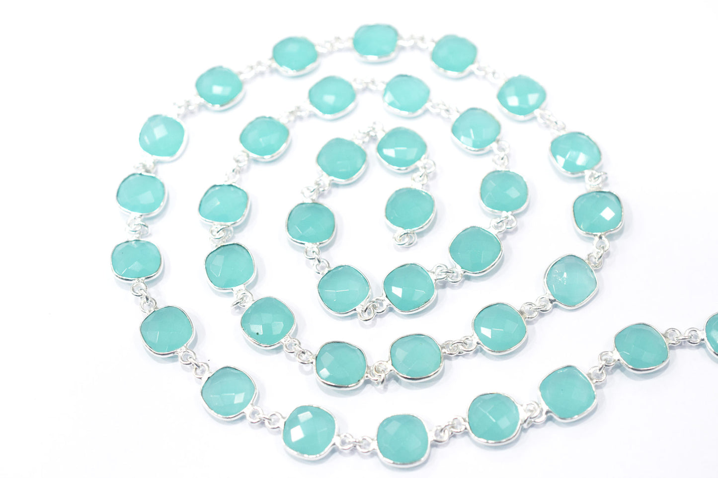 Aqua Chalcedony Faceted Cushion Shape Connector Chain , 11.50 mm , RB-6455