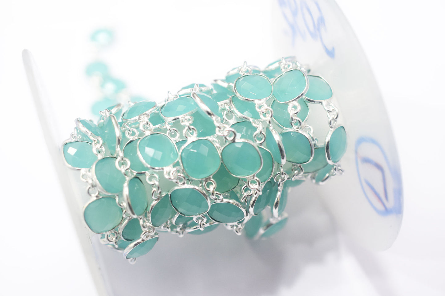 Aqua Chalcedony Faceted Cushion Shape Connector Chain , 11.50 mm , RB-6455