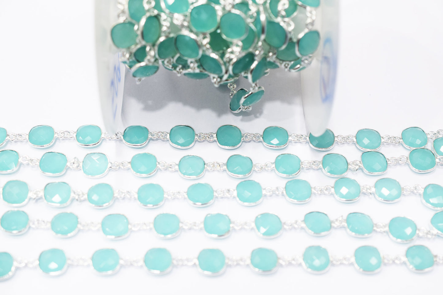 Aqua Chalcedony Faceted Cushion Shape Connector Chain , 11.50 mm , RB-6455