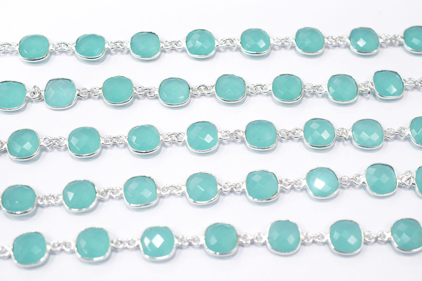 Aqua Chalcedony Faceted Cushion Shape Connector Chain , 11.50 mm , RB-6455