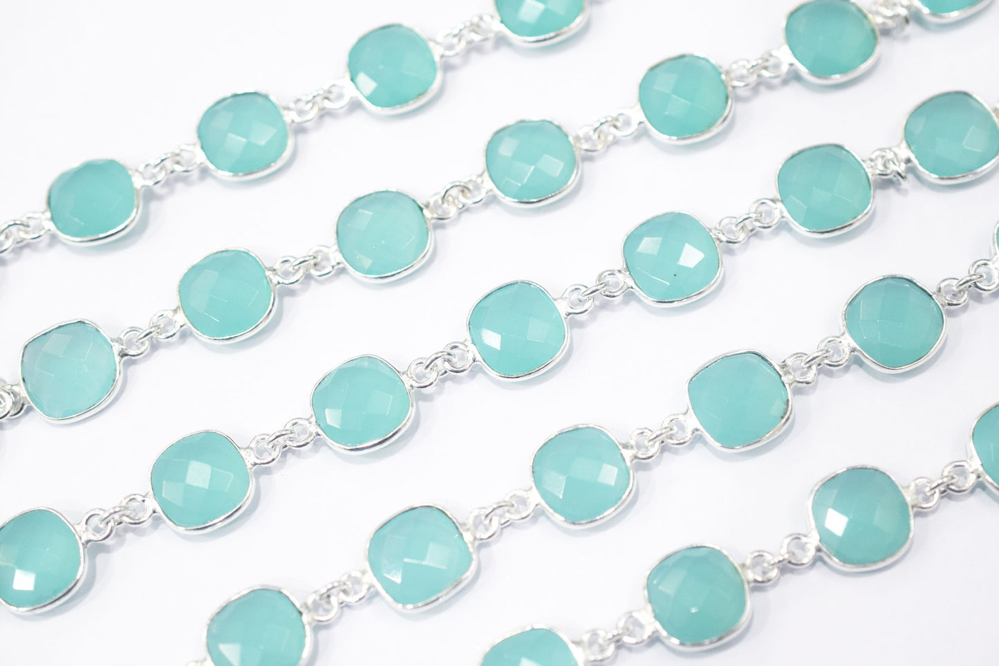 Aqua Chalcedony Faceted Cushion Shape Connector Chain , 11.50 mm , RB-6455