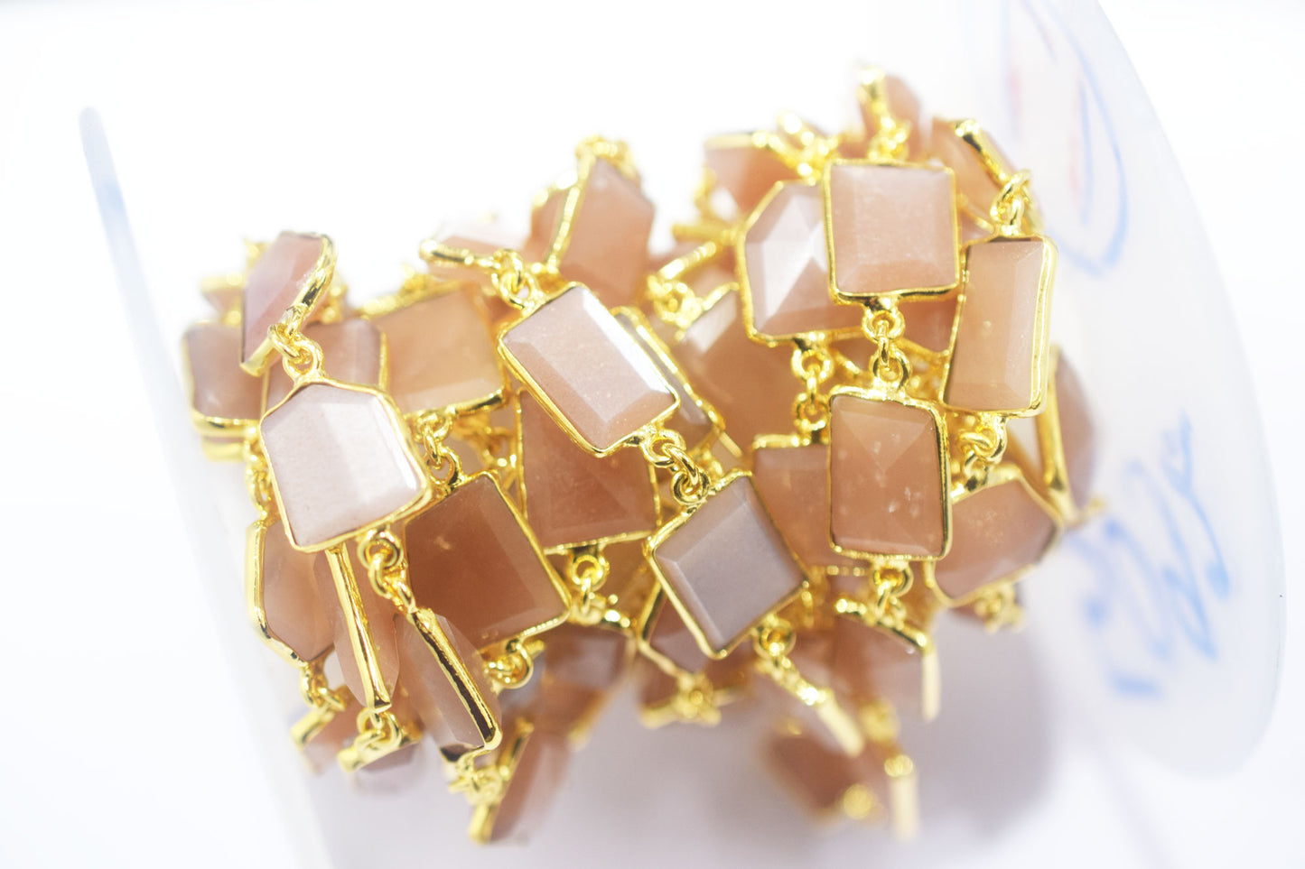 Peach Moonstone Faceted Fancy Cut Shape Connector Chain , 10x11 - 13x15 mm , RB-6456