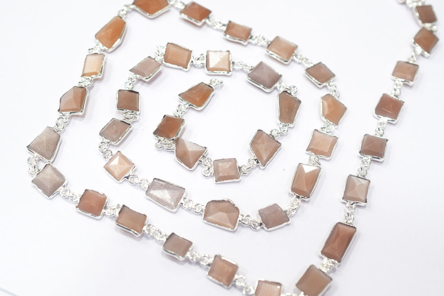 Peach Moonstone Faceted Fancy Cut Shape Connector Chain , 9.50x10.50 - 9.50x11.50 mm , RB-6457