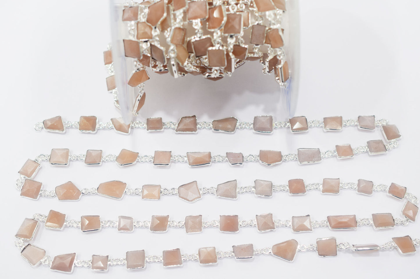 Peach Moonstone Faceted Fancy Cut Shape Connector Chain , 9.50x10.50 - 9.50x11.50 mm , RB-6457
