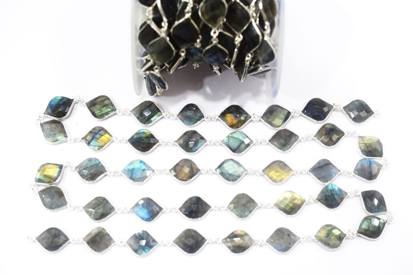 Labradorite Faceted Fancy Flat Dew Drops Shape Connector Chain , 15x19 - 16x20 mm , RB-6459