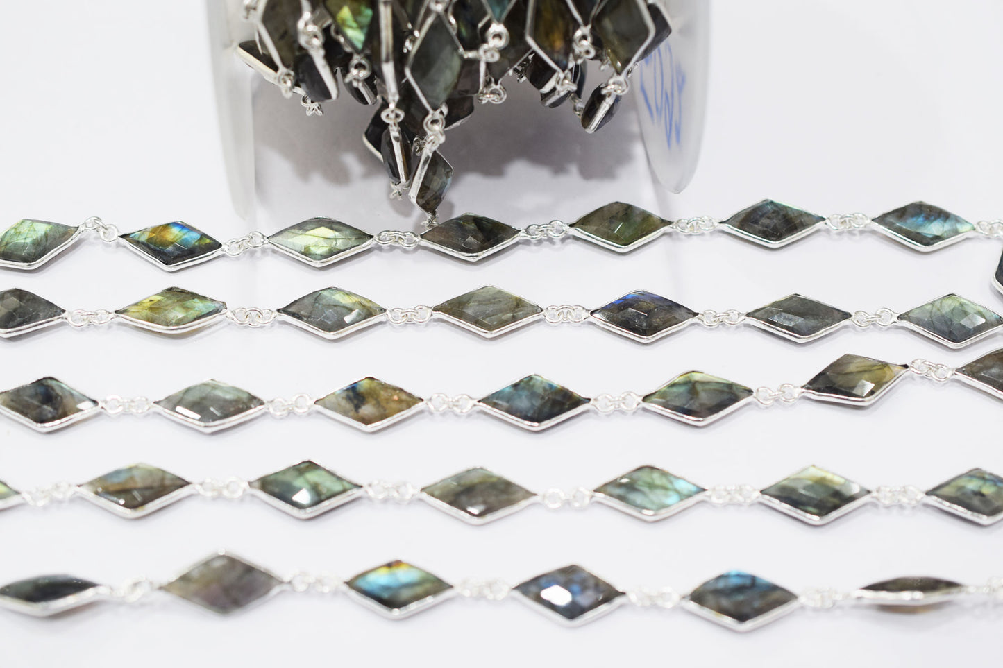 Labradorite Faceted Diamond Shape Connector Chain , 11x19 mm , RB-6460A