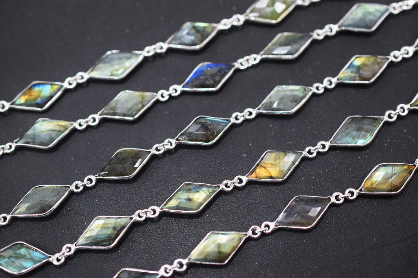 Labradorite Faceted Diamond Shape Connector Chain , 11x19 mm , RB-6460A