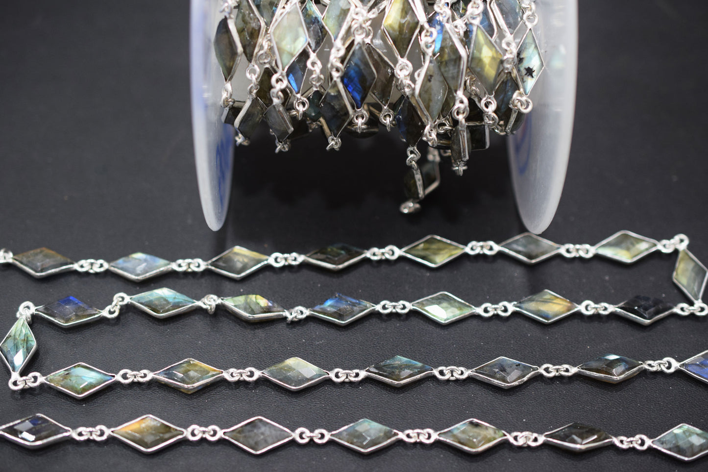 Labradorite Faceted Diamond Shape Connector Chain , 11x17 mm , RB-6460