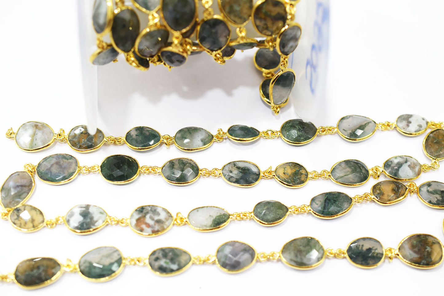 Green Ocean Fossil Jasper Faceted Slice Shape Connector Chain , 12x13 - 14x15 mm , RB-6470