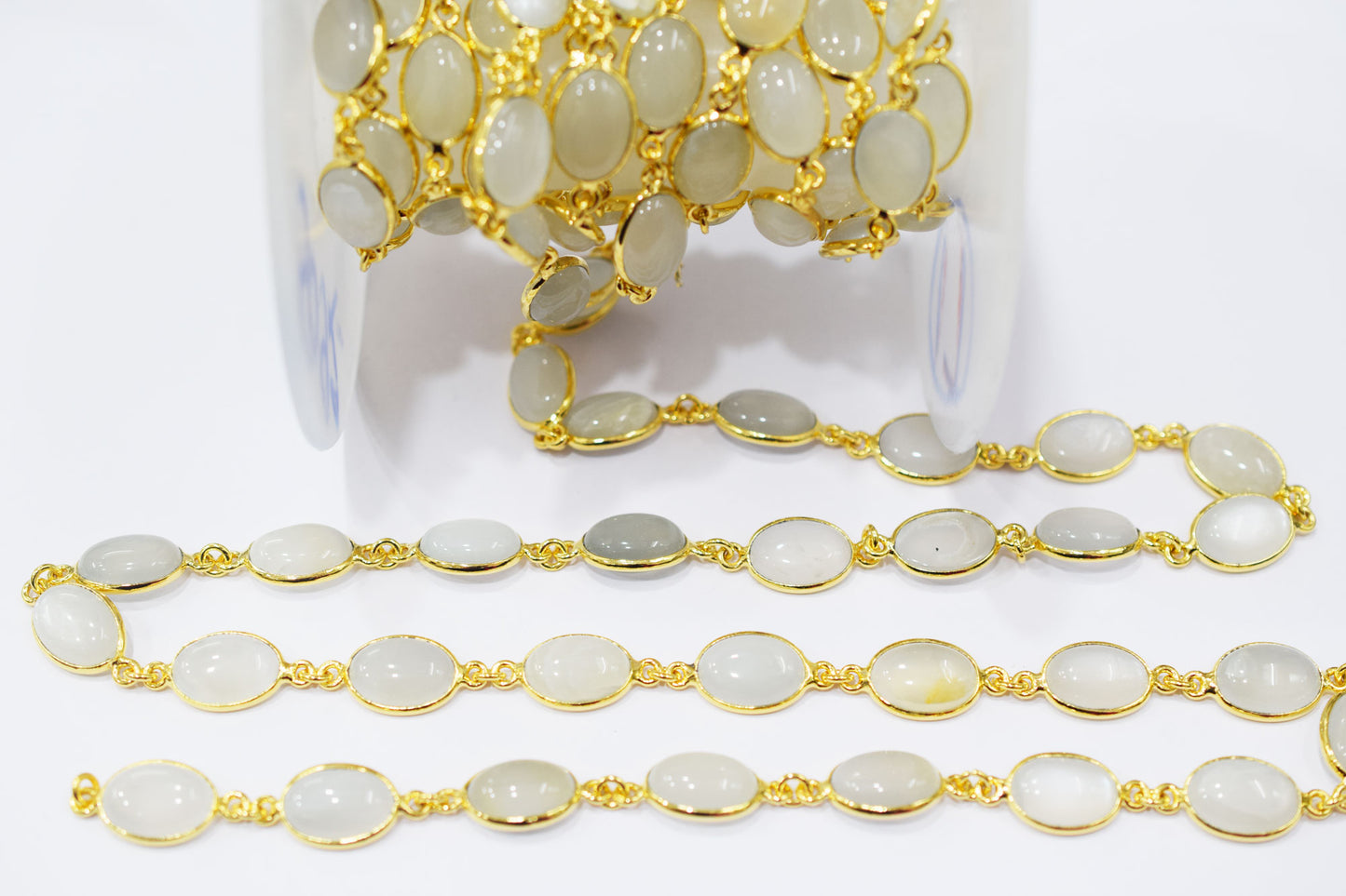 Ceylon Moonstone Smooth Oval Shape Connector Chain , 10 - 14 mm , RB-6471