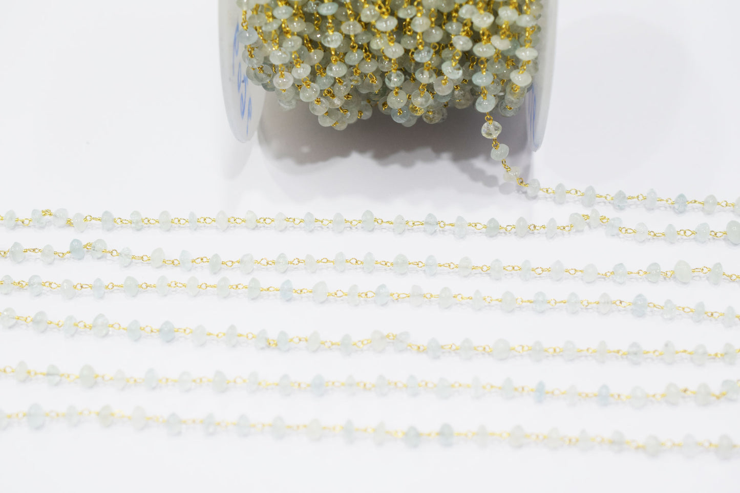 Aquamarine Smooth Button Shape Rosary Beaded Chain , 5 mm , RB-6476