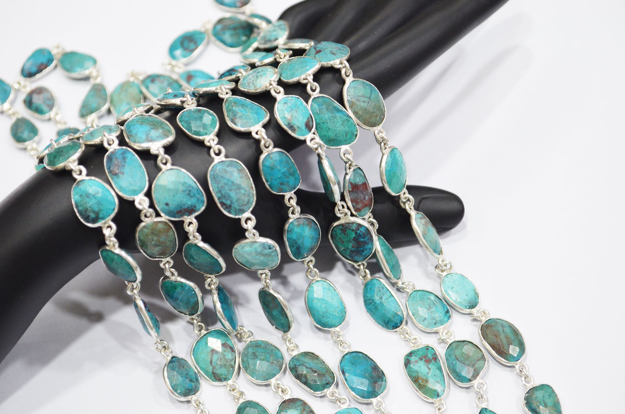 Natural Chrysocolla Slice Shape Connector Chain , 12 - 18 mm , RB-6480